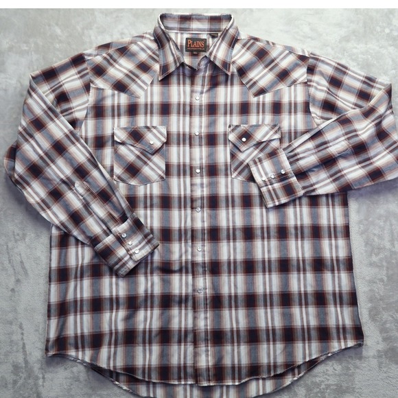 Plains Western Wear Men's XL Brown Plaid Pearl Snap Long Sleeve Western Shirt - Picture 2 of 7